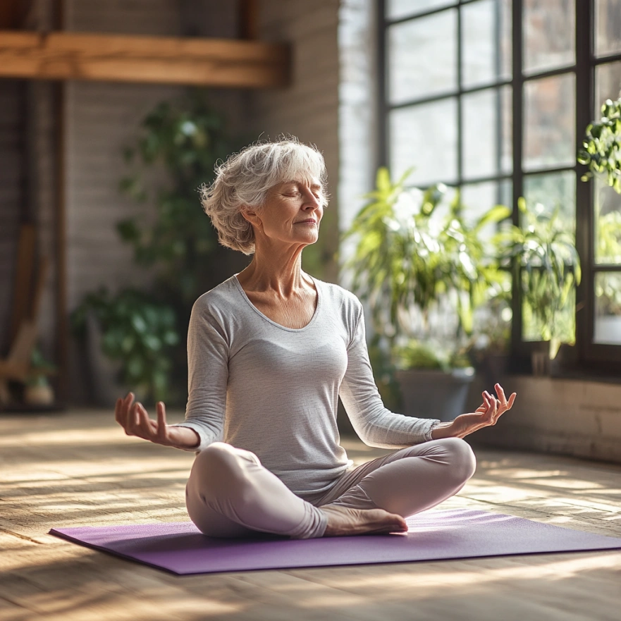 Літня жінка практикує йогу в спокійній атмосфері